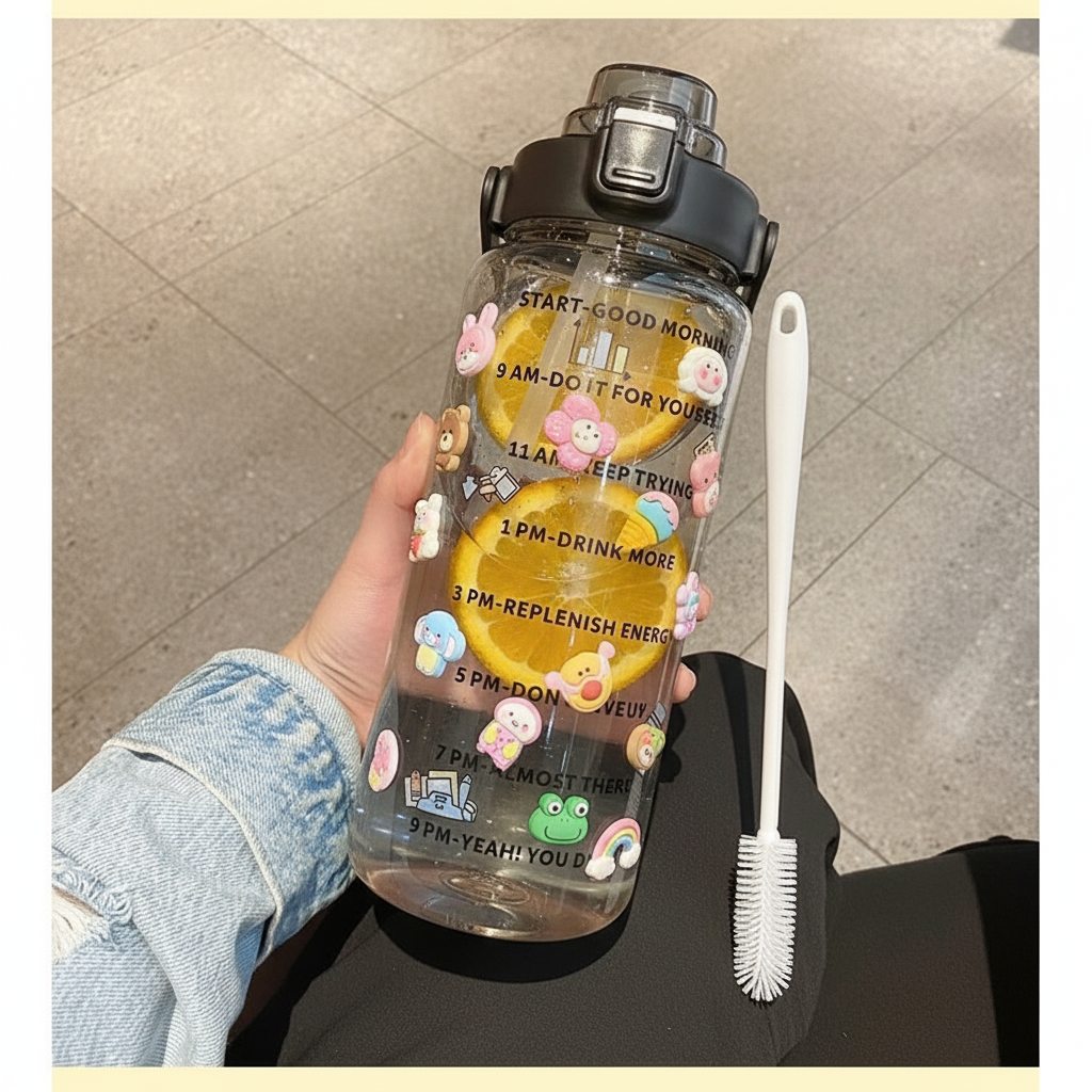 2000L Water Bottle with Straw,Brush
